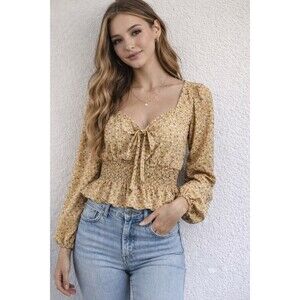 No Frills LA Floral Smocked Tie Front Peplum Blouse Top Yellow Size L NWT
